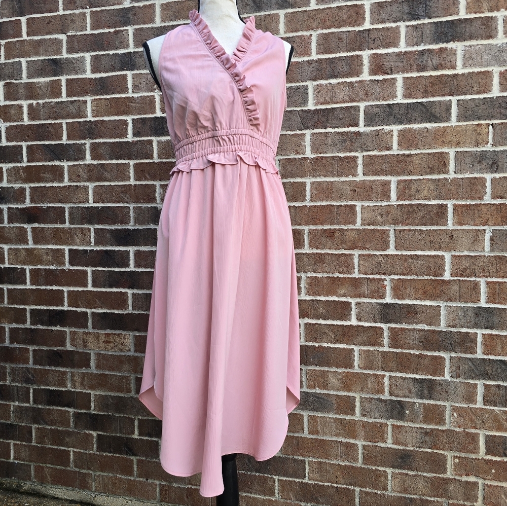 LOFT Pink High Low Dress with Ruffled Neckline